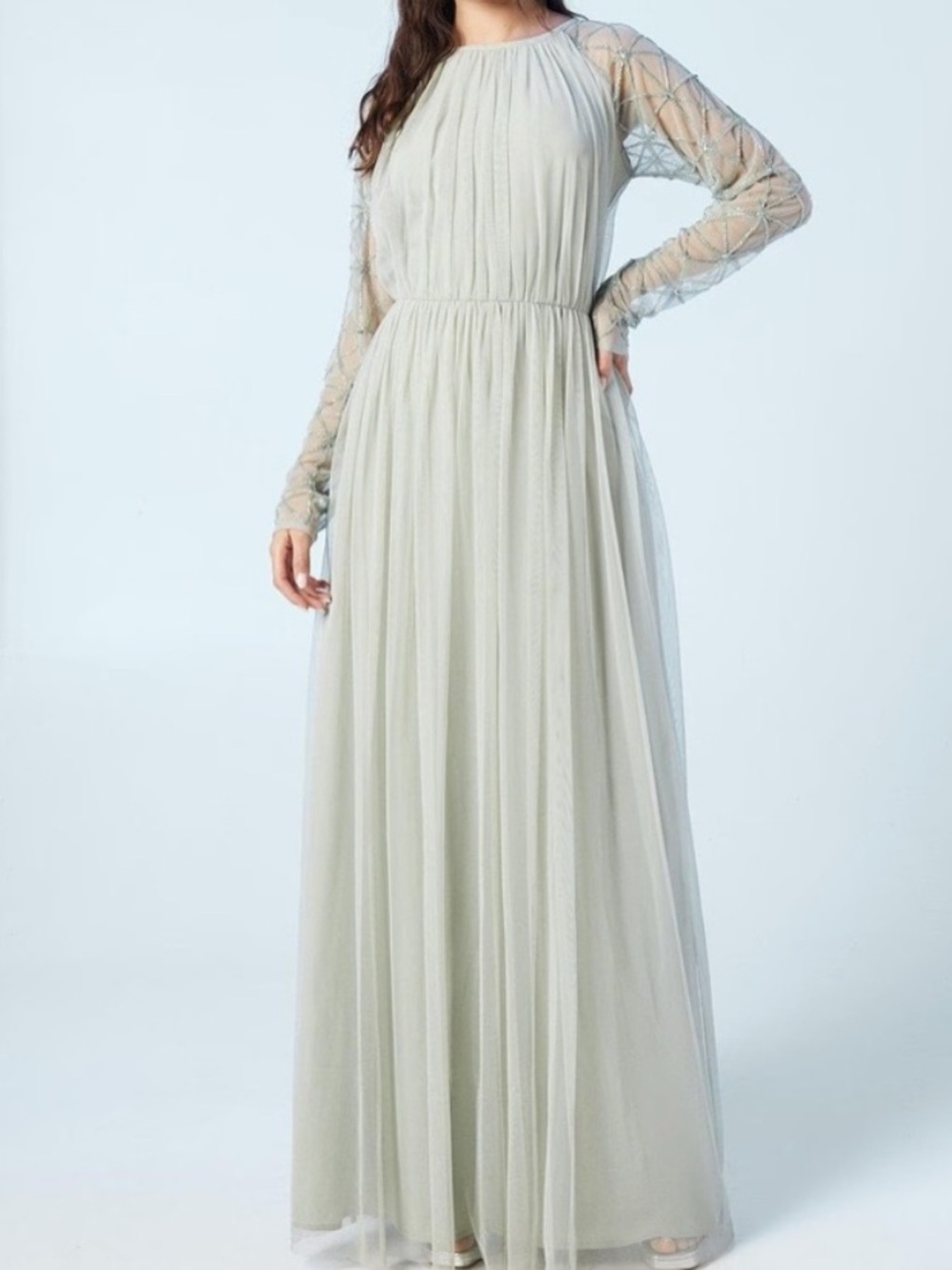 Long-Sleeve Sage Tulle Maxi Dress